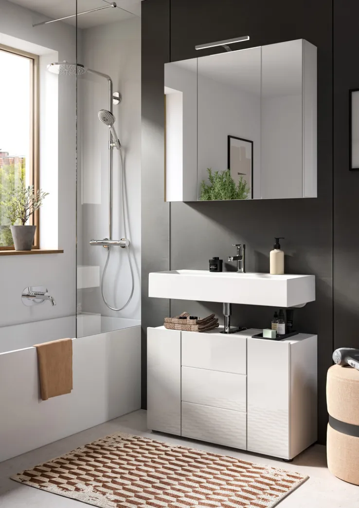 Bad-Spiegelschrank VIRA Weiß Hochglanz 3-türig ca. 82 × 77 × 18 cm