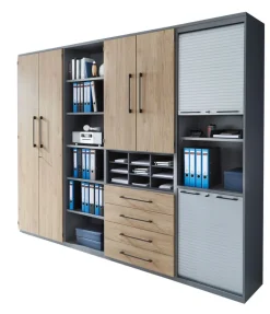 Bürowandkombination 280 x 217 cm Mittelgrau/ Hickory Eiche