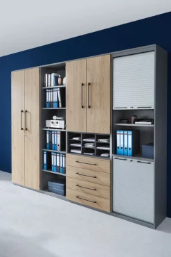 Bürowandkombination 280 x 217 cm Mittelgrau/ Hickory Eiche