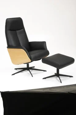 CASAVANTI Ledersessel mit Hocker SOLEDA 2-teilig schwarz /Eiche