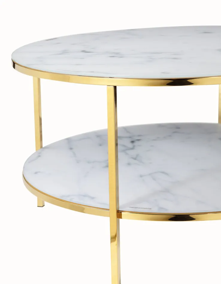 Couchtisch 80 x 80 cm rund gold/weiß mit Ablage