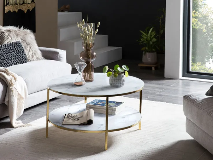 Couchtisch 80 x 80 cm rund gold/weiß mit Ablage