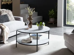 Couchtisch 80 x 80 cm rund schwarz/weiß mit Ablage