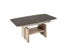 Couchtisch 120 x 70 x 54–73 cm Kunststoff / Eiche furniert Bianco lackiert braun/Marmara Nero Grau