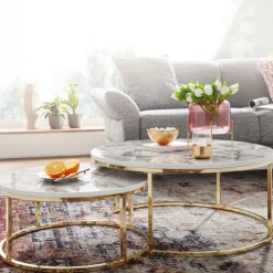 Couchtisch 2er Set Goldfarbig/ Marmor Optik Weiß