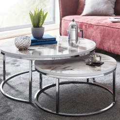 Couchtisch 2er Set Silberfarbig/ Marmor Optik Weiß