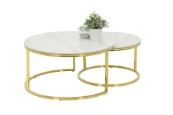 Couchtisch JOEL rund 2er Set 80x41/60x37 cm Mamor-Optik weiß/ Gestell goldfarbig
