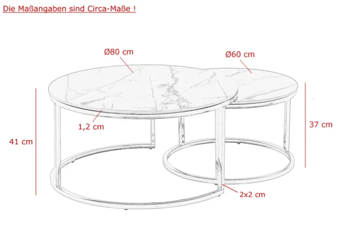 Couchtisch JOEL rund 2er Set 80x41/60x37 cm Mamor-Optik weiß/ Gestell goldfarbig