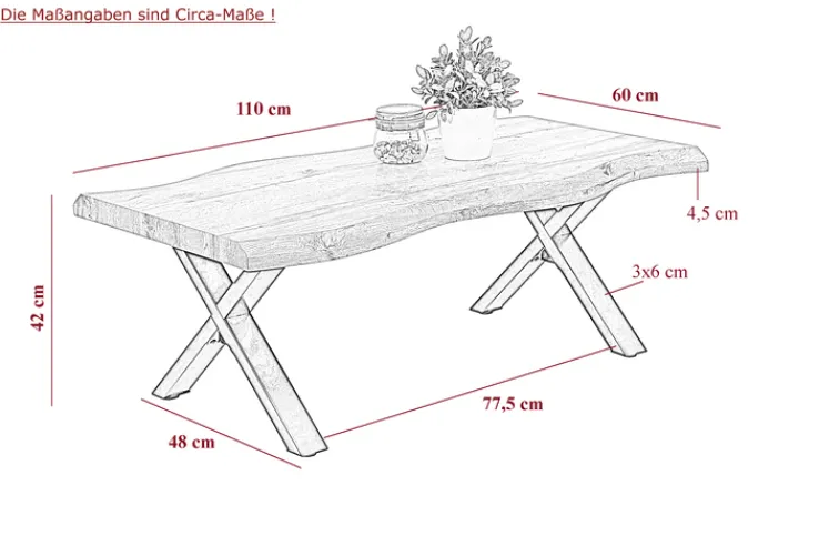 QUARTIER Couchtisch Lewis 110x60 cm - Wildeiche Nachbildung - X-Gestell Metall braun/schwarz
