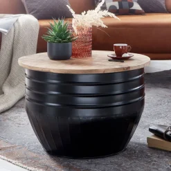 Couchtisch rund Ø 60 cm Metall Schwarz/ Mango massiv