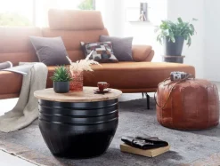 Couchtisch rund Ø 60 cm Metall Schwarz/ Mango massiv