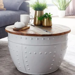 Couchtisch rund Ø 60 cm Metall Weiß/Mango massiv