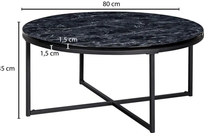 Couchtisch rund 80 cm Schwarz/ Marmor Optik Schwarz