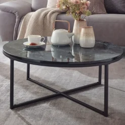 Couchtisch rund 80 cm Schwarz/ Marmor Optik Schwarz