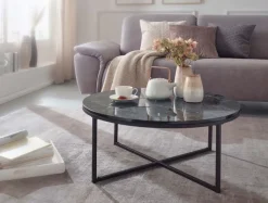 Couchtisch rund 80 cm Schwarz/ Marmor Optik Schwarz