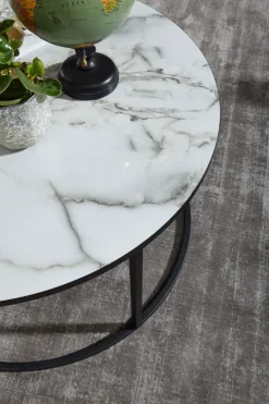 Couchtisch rund 80 cm Schwarz/ Marmor Optik Weiß