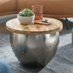 Couchtisch rund 60 cm Silberfarbig/ Mango massiv