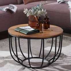 Couchtisch rund 60 x 39 cm Schwarz/ Sheesham massiv