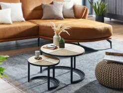 Couchtisch rund 2er Set Schwarz/ Mango massiv