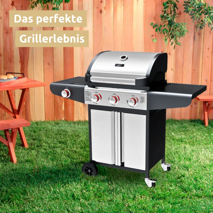 deluxe4home Gasgrill GRILLWAGEN XXL 131 x 54 cm silberfarbig /schwarz