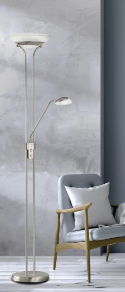 FISCHER & HONSEL Deckenfluter POOL, mit Leselampe, Metall/Glas, Höhe 182 cm Durchmesser 32 cm, matt Nickelfarbig/Alabasterfarbig