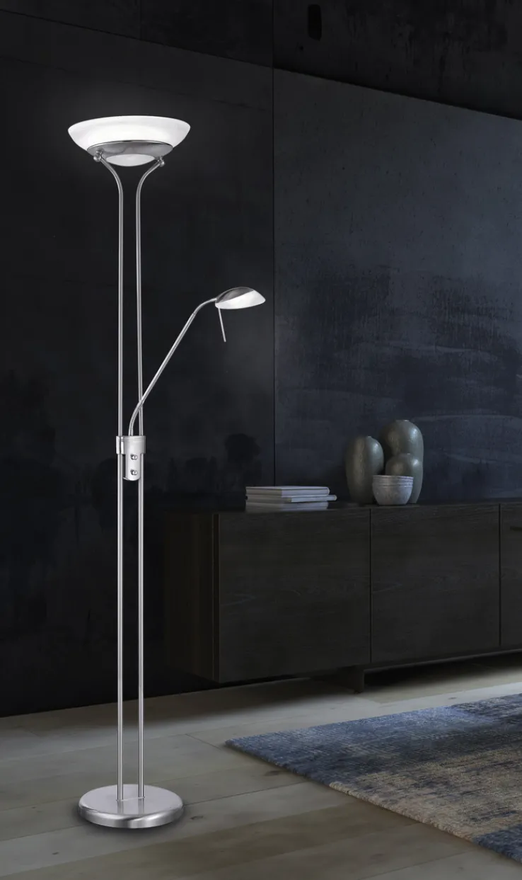 FISCHER & HONSEL Deckenfluter POOL, mit Leselampe, Metall/Glas, Höhe 182 cm Durchmesser 32 cm, matt Nickelfarbig/Alabasterfarbig