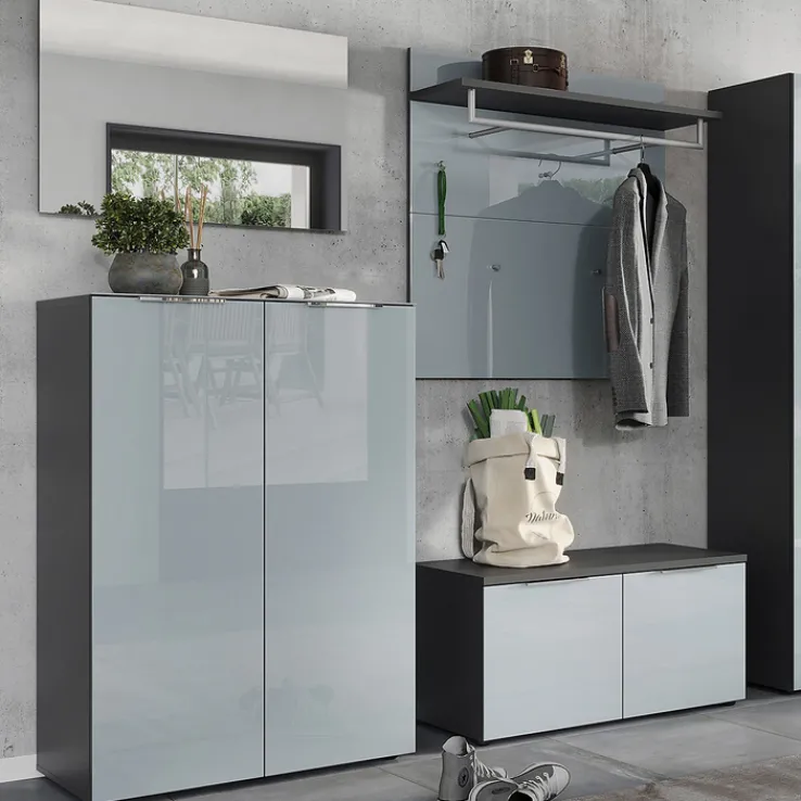 Garderobenkombination LEVIN 4-teilig 200 x 200 cm Glasfront Silbergrau/Graphit