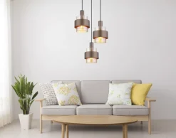 GLOBO Pendelleuchte MILLEY, höheneinstellbar 80-150 cm, Metall/Glas, E27, 3 Brennstellen, 180 W, Schutzklasse 1, IP20, Braun/Schwarz/Goldfarbig