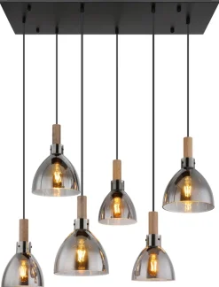 GLOBO Retrofit LED Balkenpendel MATTEA 6-flg schwarz /Holzdekor