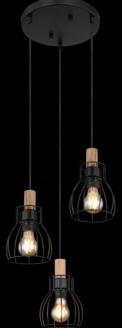 GLOBO Retrofit Pendelleuchte MINA II 3-flg schwarz /Holz naturfarbig