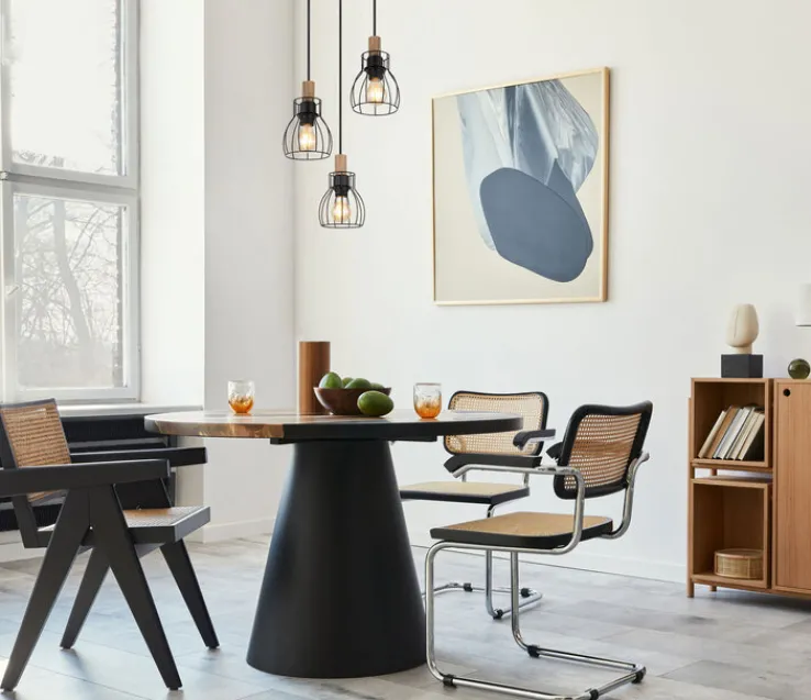 GLOBO Retrofit Pendelleuchte MINA II 3-flg schwarz /Holz naturfarbig