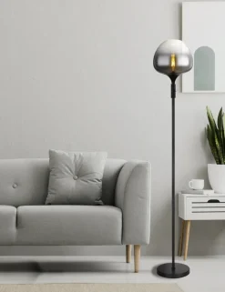 GLOBO Retrofit Stehlampe MAXY 165 cm schwarz /Rauchglas