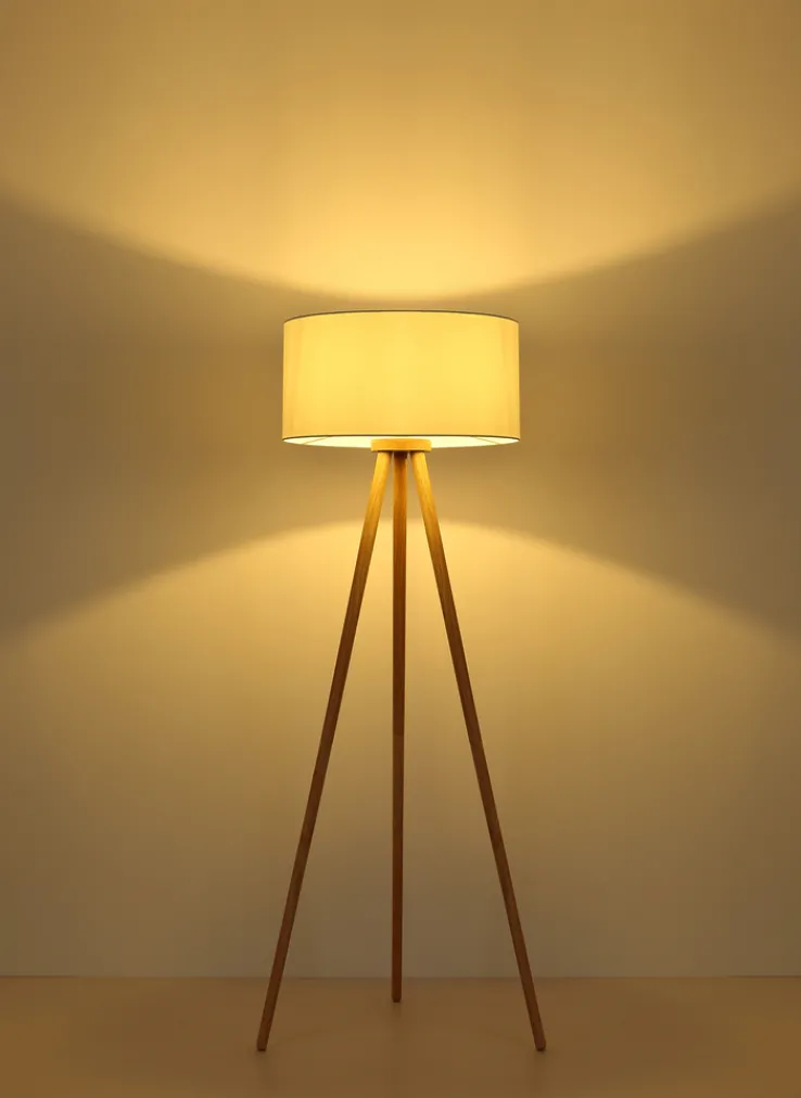 GLOBO Retrofit Tripod Stehlampe STABILO, Holznachbildung/Textil, Höhe 150 cm Braun/Weiß
