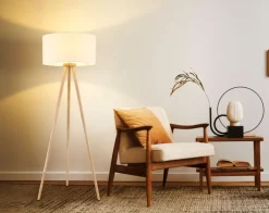 GLOBO Retrofit Tripod Stehlampe STABILO, Holznachbildung/Textil, Höhe 150 cm Braun/Weiß