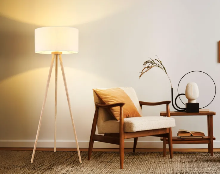 GLOBO Retrofit Tripod Stehlampe STABILO, Holznachbildung/Textil, Höhe 150 cm Braun/Weiß