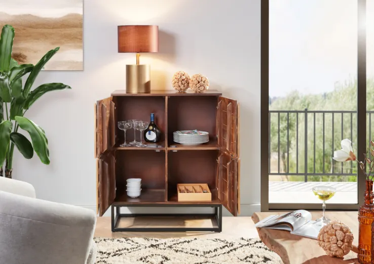 QUARTIER Highboard DIEGO Mango massiv Metall 100 x 80 x 42 cm braun gebeizt/lackiert/natur Schwarz