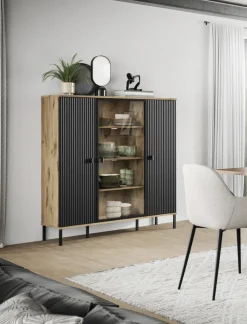 QUARTIER Highboard Lou 137 x 115 x 41 cm Nox Oak Nachbildung Braun/Schwarz