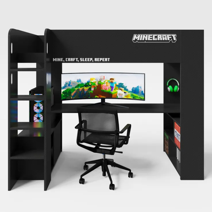 Kinder Hochbett MINECRAFT 90 x 200 cm schwarz/ grau