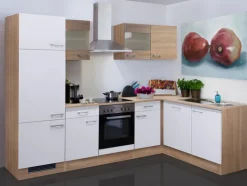 QUARTIER Küchenwinkel Jack – L-Form – Samoa Weiß / Eiche Sonoma Nachbildung – inklusive E-Geräte