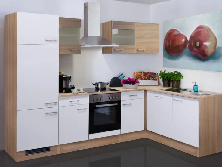 QUARTIER Küchenwinkel Jack – L-Form – Samoa Weiß / Eiche Sonoma Nachbildung – inklusive E-Geräte