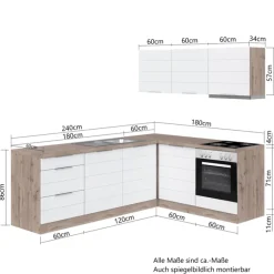 Küchenzeile Kopenhagen Matt-Grau ca. 240/180 x 200 x 60 cm