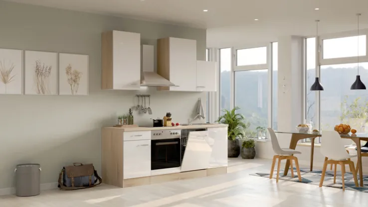 QUARTIER Küchenzeile LUKE Weiß Hochglanz/Sonoma Eiche NB ca. 220x234 x 60 cm