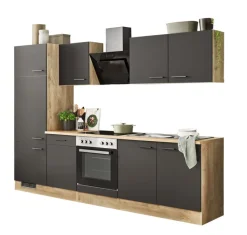 FLEX-WELL Küchenzeile MARY Touch Schwarz/ Endgrain Oek 270 cm