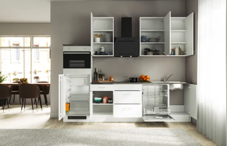 QUARTIER Küchenzeile PETE Weiß Matt/Weiß Caledonia Dekor ca. 280x234x60 cm