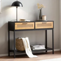 Konsolentisch 100 x 75 x 30 cm Schwarz/ Wiener Geflecht