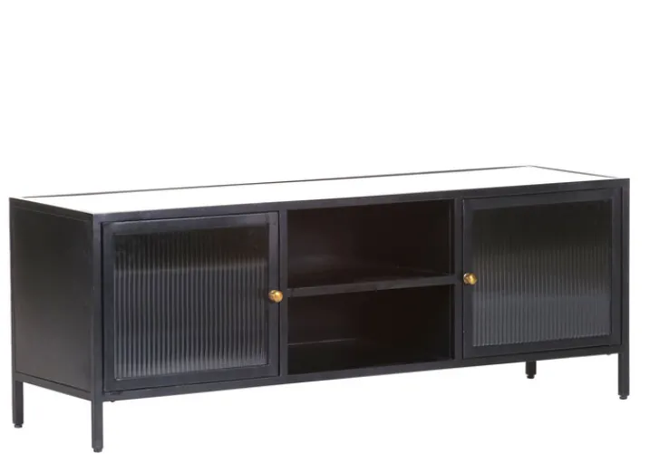 QUARTIER Lowboard 140 x 52 cm Platte Marmor weiß/Türfront Strukturglas