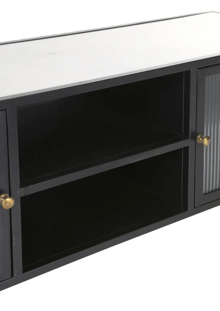 QUARTIER Lowboard 140 x 52 cm Platte Marmor weiß/Türfront Strukturglas