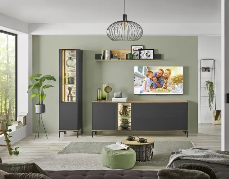 QUARTIER Lowboard COMO 207x65 cm Anthrazit matt Lack/Asteiche-Dekor