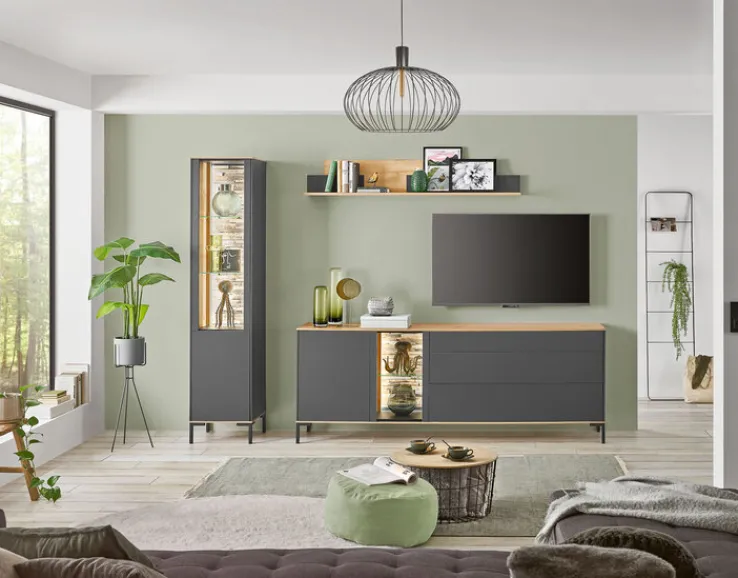 QUARTIER Lowboard COMO 207x65 cm Anthrazit matt Lack/Asteiche-Dekor