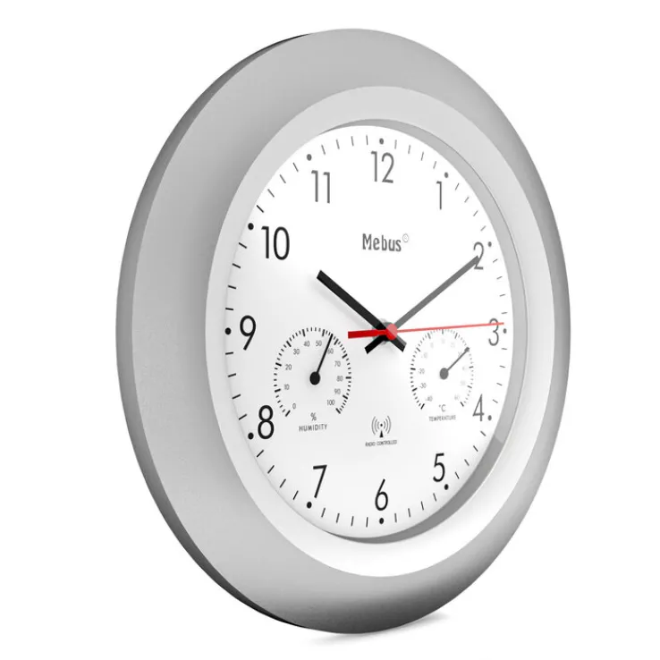 Mebus Funk-Wanduhr mit Thermo- und Hygrometer 30 cm silberfarbig